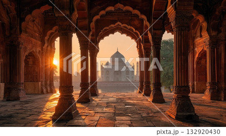 Taj Mahal Framed by Arched Corridor at Sunset 132920430