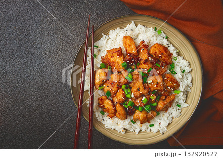 fried chicken teriyaki with rice, green onion and sesame, homemade, no people, 132920527