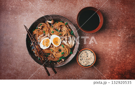 buckwheat noodles, soba, with shimeji mushrooms, boiled egg, green onion, sesame seeds, homemade, no people, buckwheat noodles, soba, with shimeji mushrooms, boiled egg, green onion, sesame seeds, homemade, no people, 132920535