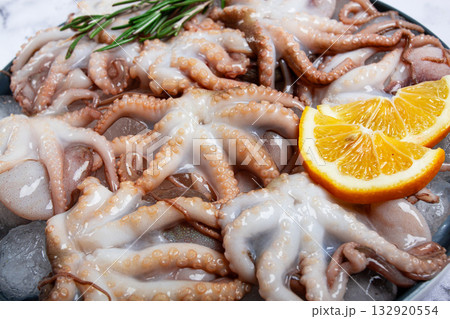 Fresh baby octopuses on ice, garnished with lemon and rosemary, on a marble table, no people, Fresh baby octopuses on ice, garnished with lemon and rosemary, on a marble table, no people, 132920554
