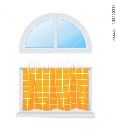 Window blind. Curtain drapery at wall. Home room. Arc glass. Architecture construction. House windowsill. Cozy textile drape. Jalousie cover. Windowpane frame. Vector interior element Window blind. Curtain drapery at wall. Home room. Arc glass. Architecture construction. House windowsill. Cozy textile drape. Jalousie cover. Windowpane frame. Vector interior element 132920556