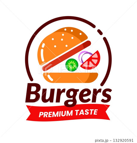 Burger logo. Hamburger logotype, emblem design, minimal style cheeseburger. Restaurant and cafe menu. Premium taste. Fast food. Meat and vegetable. Vector cartoon isolated illustration 132920591
