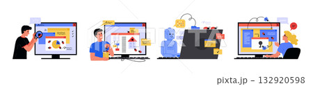 Software bugs. QA people tester. Web search report in digital programmer system. Digital process analyze. Artificial intelligence robot at computer. Malware analysis. Vector concepts set Software bugs. QA people tester. Web search report in digital programmer system. Digital process analyze. Artificial intelligence robot at computer. Malware analysis. Vector concepts set 132920598