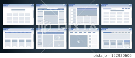 Browser window. Internet website icon. Example of flat web layout. Chat page header. Sitemap interface. Webpage banner prototype. News homepage. Search bar. Vector design templates set 132920606