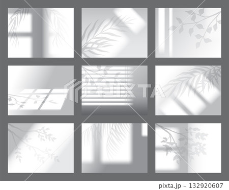 Window and plant shadow. Overlay effect collection. Transparent natural sunlight, frames with botanical leaf elements, tropical palm leaves. Room wall, jalousie shade vector background set Window and plant shadow. Overlay effect collection. Transparent natural sunlight, frames with botanical leaf elements, tropical palm leaves. Room wall, jalousie shade vector background set 132920607