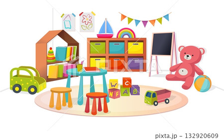 Kindergarten room. Kid school classroom. Nursery play table for preschool. Elementary class. Toys and cars on carpet. Game furniture. Daycare playroom. Children interior. Vector background Kindergarten room. Kid school classroom. Nursery play table for preschool. Elementary class. Toys and cars on carpet. Game furniture. Daycare playroom. Children interior. Vector background 132920609