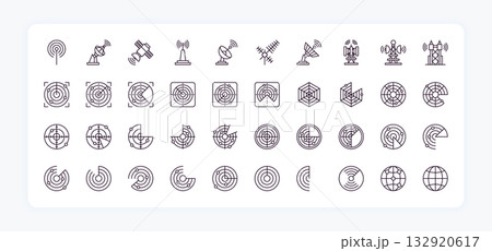 Radar logo. Sonar submarine range. Thin military scope or aim scan elements. Fight optical sign. GPS navigation. Antenna tower transmitter. Satellite detection. Vector line icons set 132920617