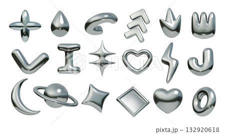 3D metal elements. Y2k chrome shape. Flower and arrow. Abstract graphic texture. Trendy retro lightning and heart. Geometric figures. Glossy Saturn and star. Vector isolated icons set 132920618
