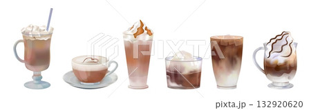 Coffee cup. Ice latte drink, hot cute espresso in transparent glass. Cappuccino for cafe menu, americano beverage with milk foam, milkshake with cream vector watercolor isolated illustration 132920620