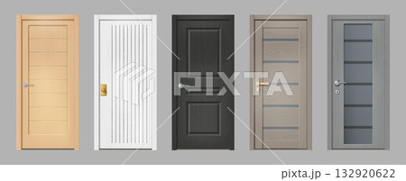 Wooden realistic door. Wood front office frame texture. Black and white modern entry. House facade. Doorway with doorknob. Apartment entrance. Vector realistic architecture elements set Wooden realistic door. Wood front office frame texture. Black and white modern entry. House facade. Doorway with doorknob. Apartment entrance. Vector realistic architecture elements set 132920622