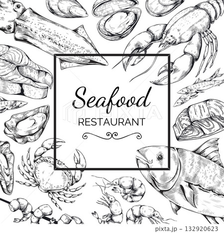 Seafood restaurant frame. Hand drawn marine menu cover. Ocean fish, crab salmon and octopus. Shrimp and seashell drawing. Brochure and flyer design. Vector isolated sketch style illustration 132920623