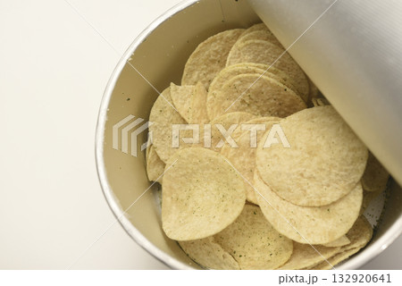 Potato chips in a cardboard jar. Chips in a package. 132920641