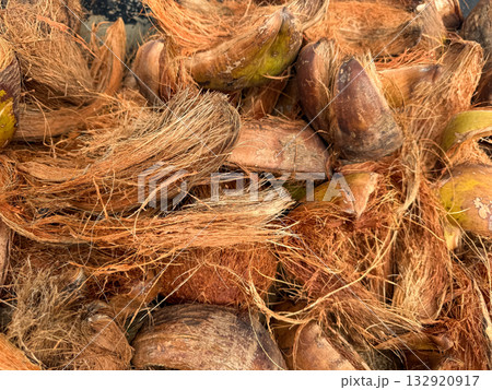 Dry and fibrous coconut husks showing coarse coir strands, ideal for illustrating organic texture, agriculture, or eco-friendly materials. Dry and fibrous coconut husks showing coarse coir strands, ideal for illustrating organic texture, agriculture, or eco-friendly materials. 132920917
