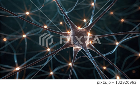 Abstract glowing neural network with central obscured node representing a neuron's structure Abstract glowing neural network with central obscured node representing a neuron's structure 132920962