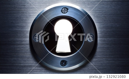 Polished chrome keyhole on a metal surface emitting soft light in a minimalist textured finish 132921080