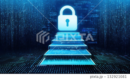 Pixelated data steps leading to a padlock icon against a dark matrix-like encrypted field 132921081