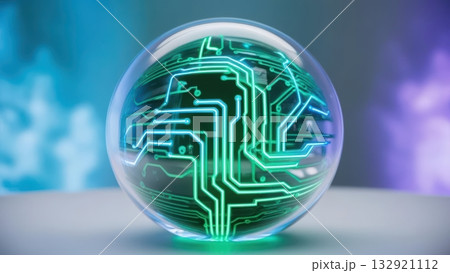 Glowing green circuit board within transparent glass sphere representing advanced digital technology 132921112