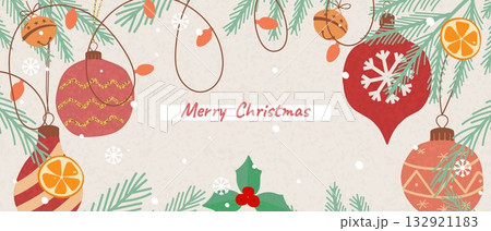 Merry Christmas greeting card, banner, poster, cover. Modern beautiful Xmas art design with hand-drawn baubles, trees, and Christmas decorations. Snowflakes, snow, brush strokes 132921183