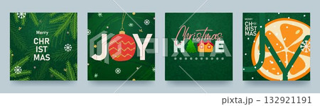 A set of Christmas and New Year cards. Illustrations for backgrounds, greeting cards, party invitations, banners, and social media. Strokes, Christmas balls, trees, and snowflakes 132921191