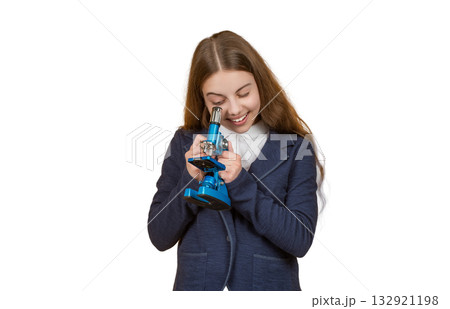 Research lab. School biology girl hold microscope. Student of biology. Back to school. Teen girl with microscope isolated on white. Biology science for schoolgirl. Microscope research Research lab. School biology girl hold microscope. Student of biology. Back to school. Teen girl with microscope isolated on white. Biology science for schoolgirl. Microscope research 132921198
