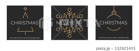 set of poster line snowflakes, symbol, merry christmas tree line flat icon element abstract geometric winter pattern new year design cards, poster, banner, pattern, advertisement, vector template	 132921455