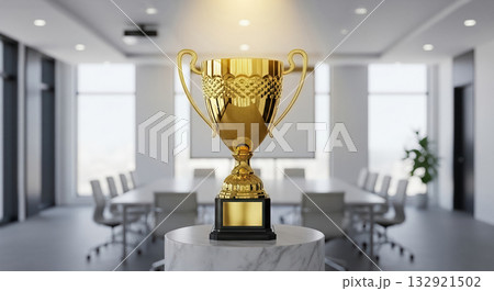 Golden Trophy Award Symbolizing Corporate Victory and Success, Displayed in a Modern Executive Boardroom Setting with Shallow Focus. 132921502