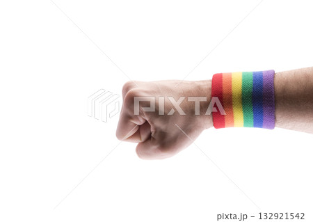 Hand fist with colorful rainbow LGBT wristband isolated on white background with clipping path. 132921542