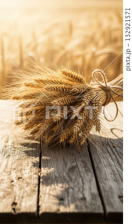 Rustic Wheat Sheaf Illuminated by Warm Golden Hour Sunlight on Weathered Wooden Table Rustic Wheat Sheaf Illuminated by Warm Golden Hour Sunlight on Weathered Wooden Table 132921571