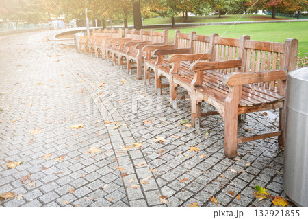 Row of wooden benches in park on paved walkway with autumn leaves and morning sunlight Row of wooden benches in park on paved walkway with autumn leaves and morning sunlight 132921855