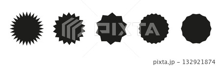 Circle stickers. Set of wavy edge promo black badges. Star burst shape tags for price. Blank simple sale stickers. Flat silhouette. Vintage labels. Graphic illustration. Circle stickers. Set of wavy edge promo black badges. Star burst shape tags for price. Blank simple sale stickers. Flat silhouette. Vintage labels. Graphic illustration. 132921874