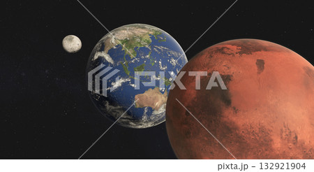 Artistic rendering of Earth, Moon, and Mars in space. Artistic rendering of Earth, Moon, and Mars in space. 132921904
