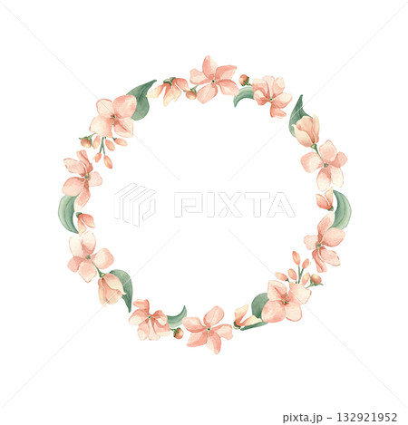 Little flowers wreath delicate watercolor isolated on white. Hand painted pink flowers, botanical foliage round frame. Floral elements in peach for girl birth and baby shower. Childish invitations. Little flowers wreath delicate watercolor isolated on white. Hand painted pink flowers, botanical foliage round frame. Floral elements in peach for girl birth and baby shower. Childish invitations. 132921952