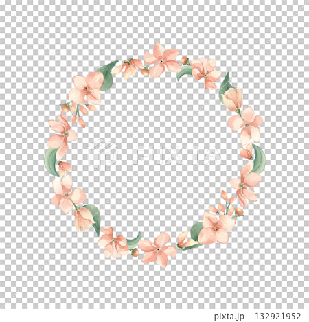 Little flowers wreath delicate watercolor isolated on white. Hand painted pink flowers, botanical foliage round frame. Floral elements in peach for girl birth and baby shower. Childish invitations. Little flowers wreath delicate watercolor isolated on white. Hand painted pink flowers, botanical foliage round frame. Floral elements in peach for girl birth and baby shower. Childish invitations. 132921952