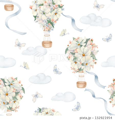 Soft Sky Balloons watercolor seamless pattern isolated white. Delicate child print of hot air balloons and floral elements on pale blue clouds. Hand painted repeat background for nursery textiles. 132921954