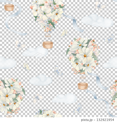 Soft Sky Balloons watercolor seamless pattern isolated white. Delicate child print of hot air balloons and floral elements on pale blue clouds. Hand painted repeat background for nursery textiles. 132921954
