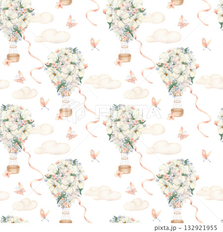 White flowers on Balloons neutral nursery seamless pattern isolated. Airships with butterflies and ribbons on clouds. Watercolor repeat design for kids bedding, baby fabrics. Balloons background. 132921955