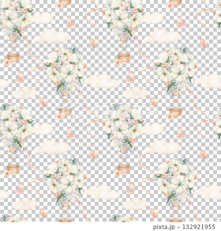 White flowers on Balloons neutral nursery seamless pattern isolated. Airships with butterflies and ribbons on clouds. Watercolor repeat design for kids bedding, baby fabrics. Balloons background. 132921955