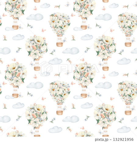 Nursery floral pattern with air balloons isolated white. White cosmos flowers on hot air balloons and clouds pastel print hand drawn. Watercolor repeat background for wallpaper kids room, textiles. 132921956