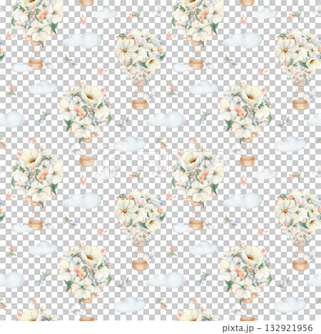 Nursery floral pattern with air balloons isolated white. White cosmos flowers on hot air balloons and clouds pastel print hand drawn. Watercolor repeat background for wallpaper kids room, textiles. 132921956