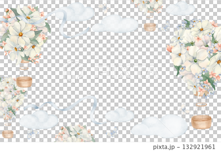 Floral kids watercolor frame for neutral color invitation isolated. Hot air balloons and white pink flowers and clouds painted frame. Children's greeting card. Sketch air ship for baby shower invite. 132921961