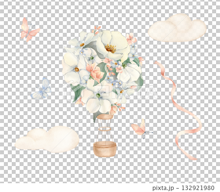 Floral Hot Air Balloon Watercolor Set. Drawing airship with white flowers, clouds, butterflies and satin ribbons in soft pastel tones. Children's illustration for design birthday invitations or cards. Floral Hot Air Balloon Watercolor Set. Drawing airship with white flowers, clouds, butterflies and satin ribbons in soft pastel tones. Children's illustration for design birthday invitations or cards. 132921980