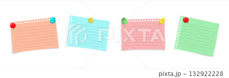 Set of paper notes with pins. Realistic vector collection of blank memo sheets and stickers fastened with push pins. Office reminder elements isolated . Set of paper notes with pins. Realistic vector collection of blank memo sheets and stickers fastened with push pins. Office reminder elements isolated . 132922228