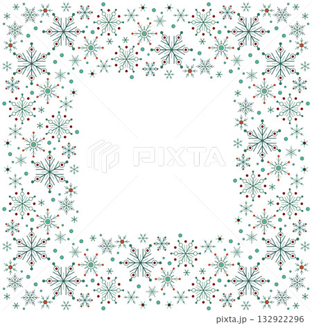 Christmas square frame. White green seamless pattern of snowflakes. Winter seasonal snowfall background. Christmas decor 132922296