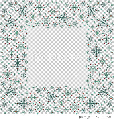 Christmas square frame. White green seamless pattern of snowflakes. Winter seasonal snowfall background. Christmas decor 132922296