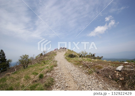 新緑の山道を登り切った先に広がる青空と頂上の登山客 新緑の山道を登り切った先に広がる青空と頂上の登山客 132922429