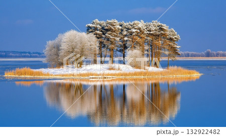 Serene winter island reflections amidst frosty pine trees Serene winter island reflections amidst frosty pine trees 132922482