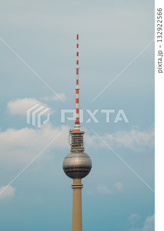 Berlin TV Tower Closeup Against Blue Sky. Berlin, Germany 132922566