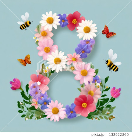 Colorful floral number eight with bees and butterflies on blue background 132922860
