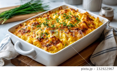 Cheesy baked macaroni and cheese with chives in white casserole dish 132922967