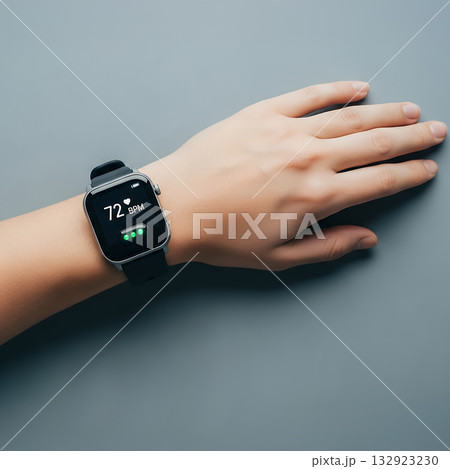 スマートウォッチに表示された心拍数「72 bpm」の結果 - センサーライト点滅中 (正方形/1:1 132923230